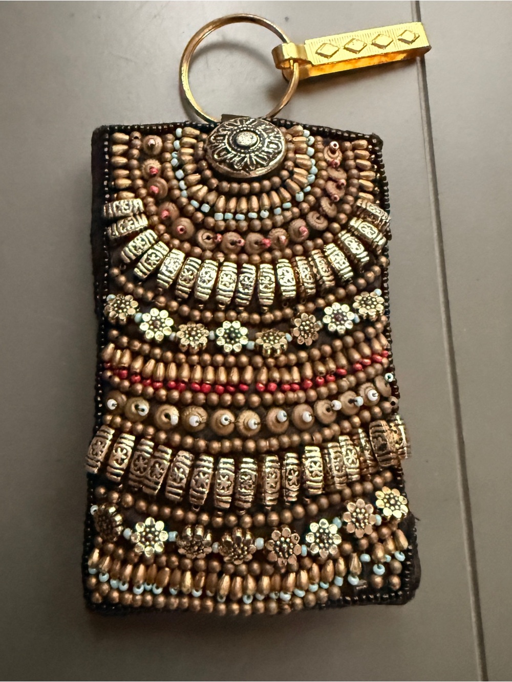 Metro Beaded Phone Case Keychain in Gold and Red Accent